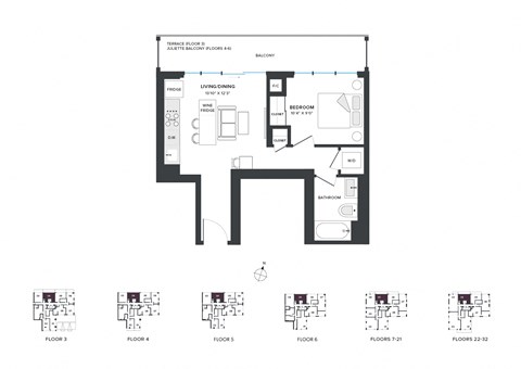 Floor plan for 1 bed, 1 bath, 534 sqft